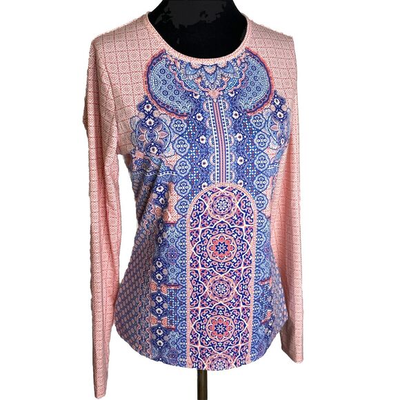 Cabana Life Long Sleeve Rash Guard Swim Top Pink Blue Geometric UPF 50+ Size M - Picture 2 of 8